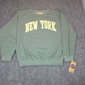New York Popular Crewneck Sweatshirt Green Embroidered Spell Out Pullover Men's